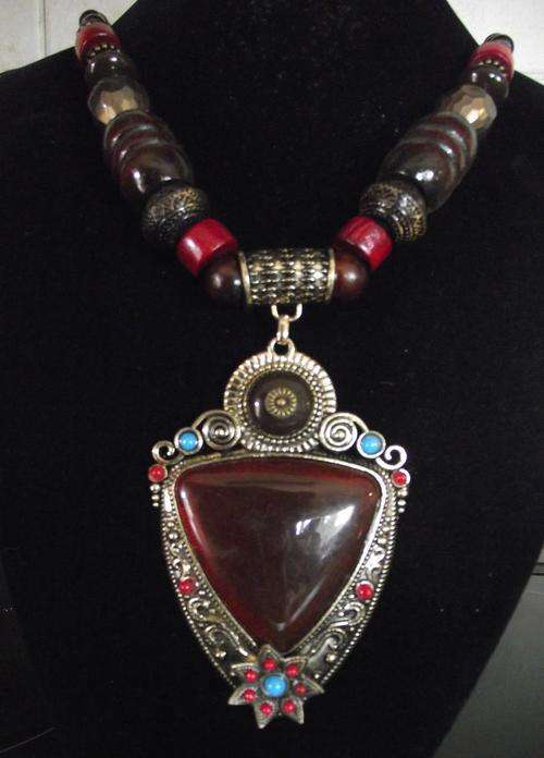 Brown Bohemian Chunky  Resin Pendant, Carved Wood & Metal Necklace