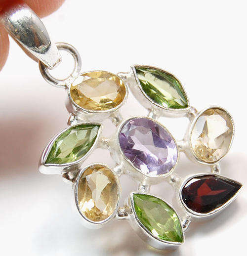 CITRINE & AMETHYST & PERIDOT & GARNET SOLID 925 STERLING SILVER PENDANT 38mm