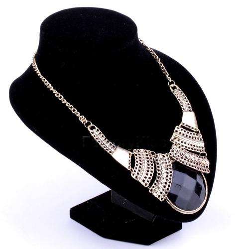 Gold Coated Vintage Black Resin Rhinestone Pendant Necklace