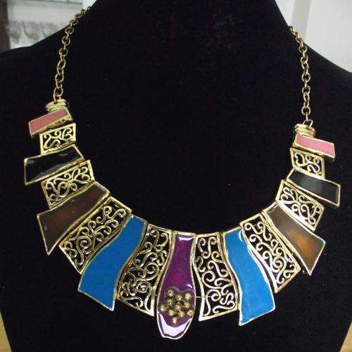 Stunning!!! Vintage Multi-color Enameled Gold Coated Necklace