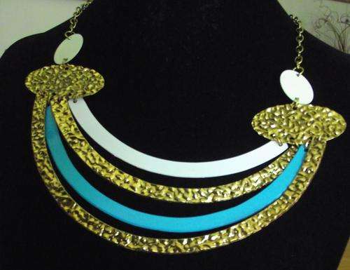 Vintage Gold Plated White & Turquoise Enameled Necklace