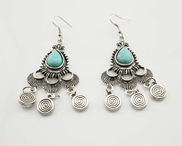 Vintage Tibetan Silver Blue Turquoise Dangle Earring 60mm