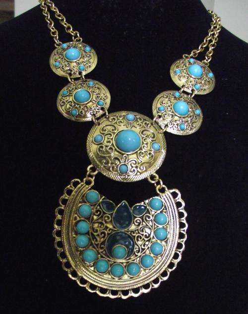 Vintage Style Bronze Large Pendant and Turquoise Acrylic Stones Necklace