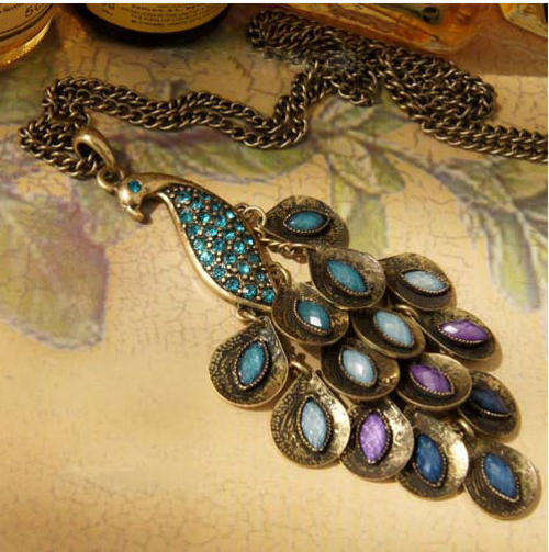 Green Rhinestone Gem Bronze Peacock Necklace