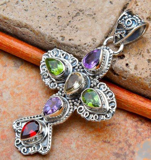 GARNET, AMETHYST, CITRINE, PERIDOT CROSS SOLID.925 STERLING SILVER PENDANT 1 7/8inch