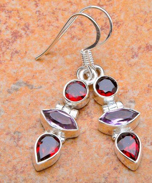 GARNET, AMETHYST  SOLID  .925 STERLING SILVER  EARRINGS  1 5/8" (45mm)