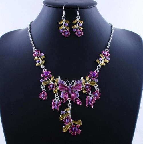 Purple Floral Butterfly Bridal Necklace and Earrings Set