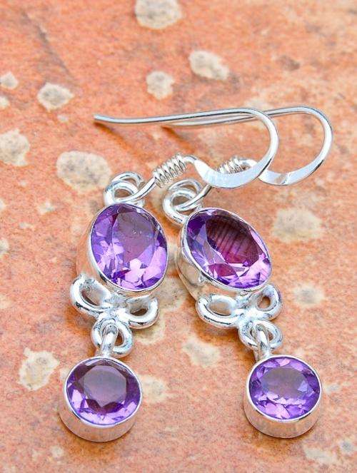 FACETED AMETHYST SOLID 925 STERLING SILVER EARRINGS 1 5/8"