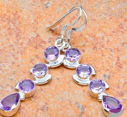 FACETED AMETHYST SOLID 925 STERLING SILVER EARRINGS 1 7/8"
