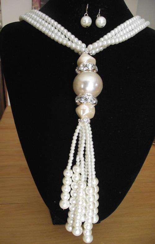 Long Chunky Pearl and Crystal Necklace & Earrings Set (Free Gift Box)