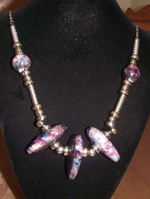 Chunky Pink/Blue Long Glass Beads & Chain Necklace