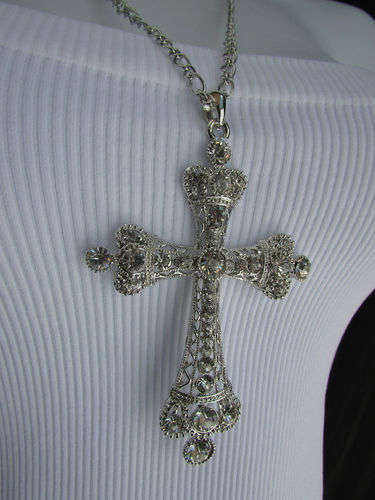 Long Silver/Gunmetal CLEAR Rhinestone Cross Necklace