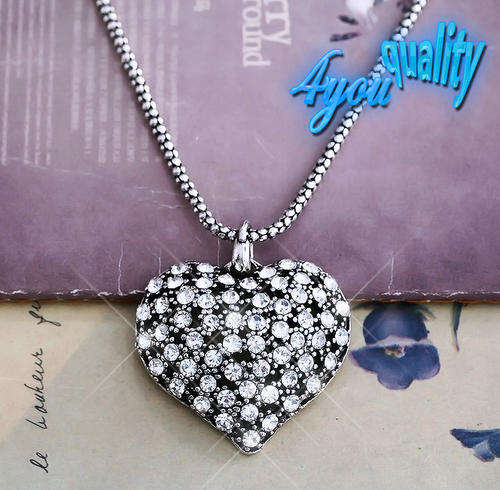 Clear Sparkly Crystal Diamante Vintage Silver Heart High Quality Necklace Pendant with Rolo Chain