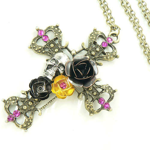 Retro Vintage Punk Rock Rose Flowers Cross Skull Rhinestone Pendant Necklace