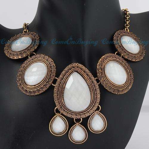 SILVER Retro White Oval & Teardrop Resin Stones Adorned Pendant Necklace (Read item description)