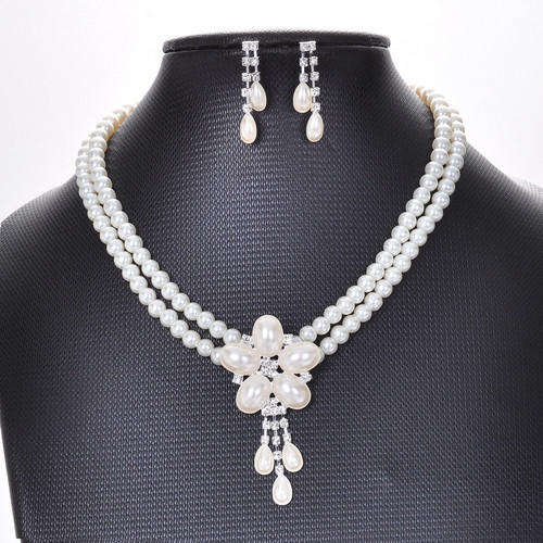 Wedding Bridal Pageant Chunky Imitate Pearl crystal necklace earring Jewelry set