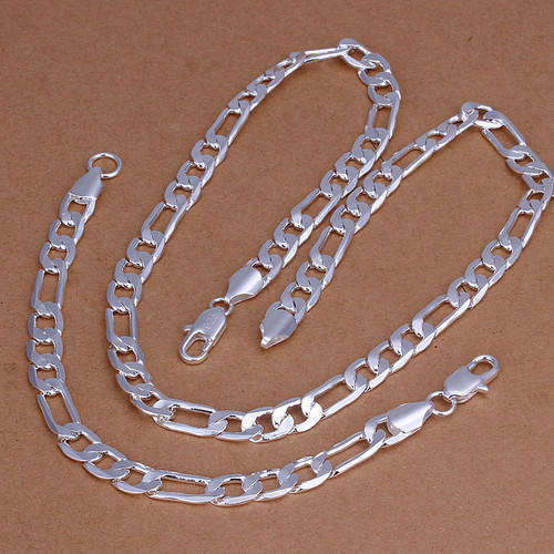 2 YEAR GUARANTEE!! GORGEOUS 8MM SILVER FIGARO NECKLACE 60cm and BRACELET SET