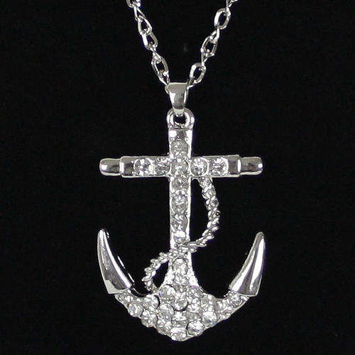 SILVER RHINESTONE ANCHOR PENDANT NECKLACE