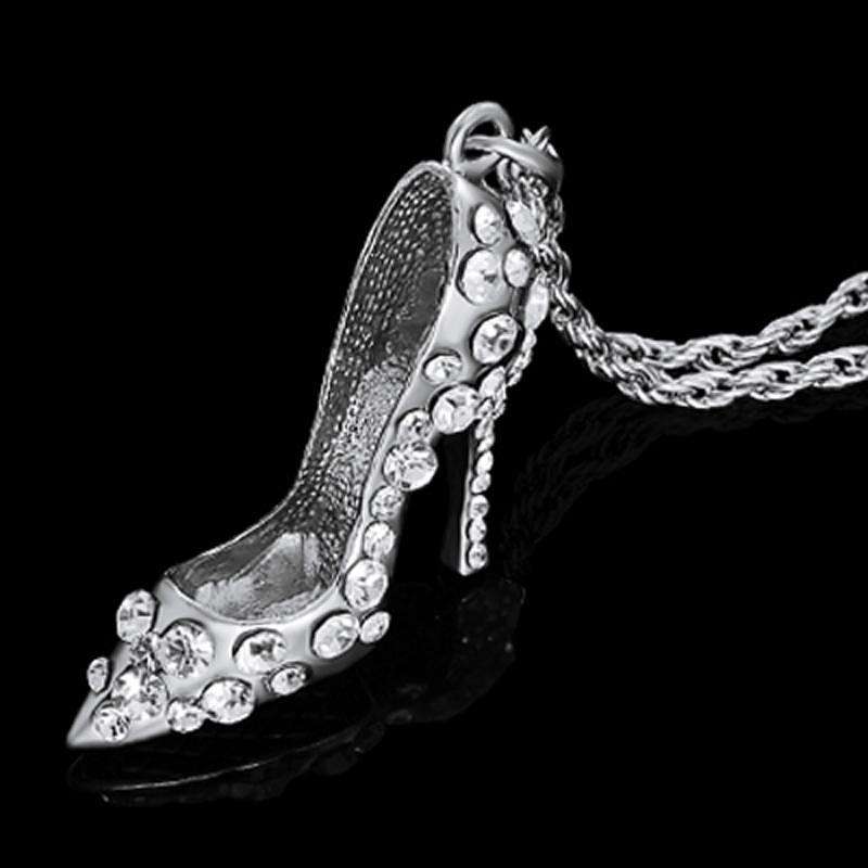SILVER PLATED HIGH HEEL SHOE RHINESTONES CRYSTAL PENDANT  NECKLACE CHAIN