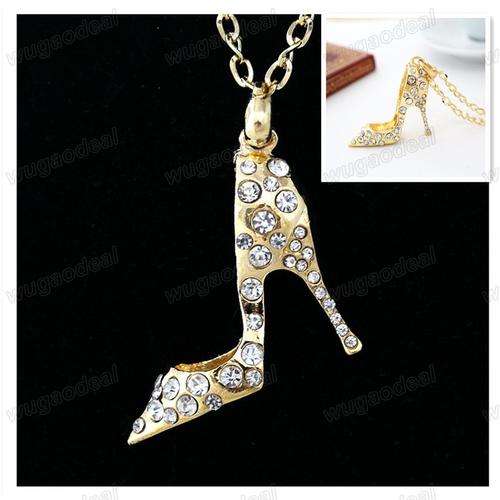 GOLD TONE HIGH HEEL SHOE RHINESTONES CRYSTAL PENDANT  NECKLACE CHAIN