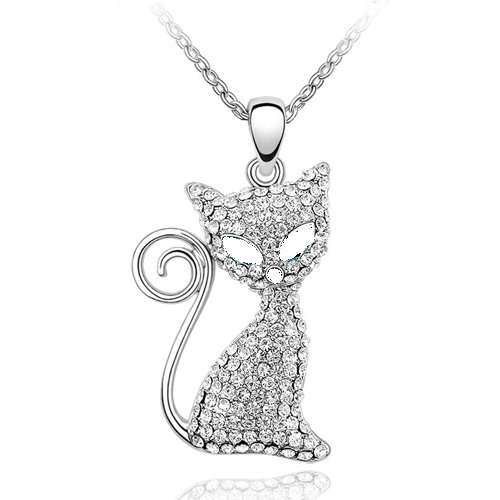 SILVER TONE RHINESTONES CRYSTAL CAT PENDANT NECKLACE CHAIN