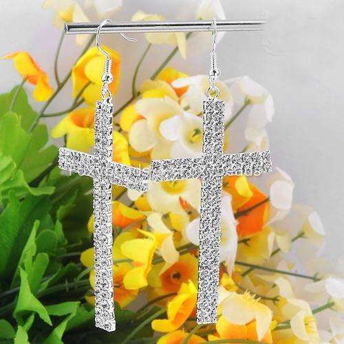 Silver Tone Crystal Rhinestone Dangle Cross   Earrings (Nickel Free)