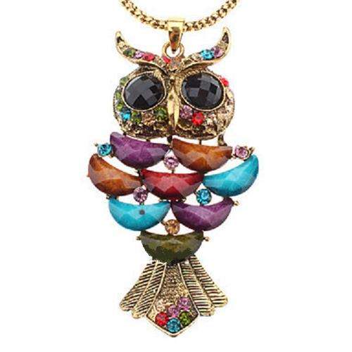 LARGE VINTAGE LOOK BRONZE AUSTRIAN CRYSTALS AND RESIN STONES OWL PENDANT CHAIN NECKLACE
