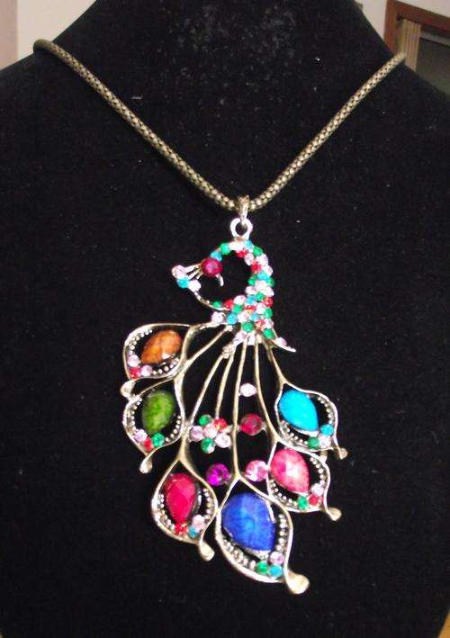 Stunning Bronze Multi-Colour Crystal Peacock Pendant Necklace