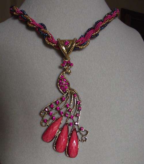 Lovely Pink Crystal and Resin Stones Peacock Millet Chain Necklace