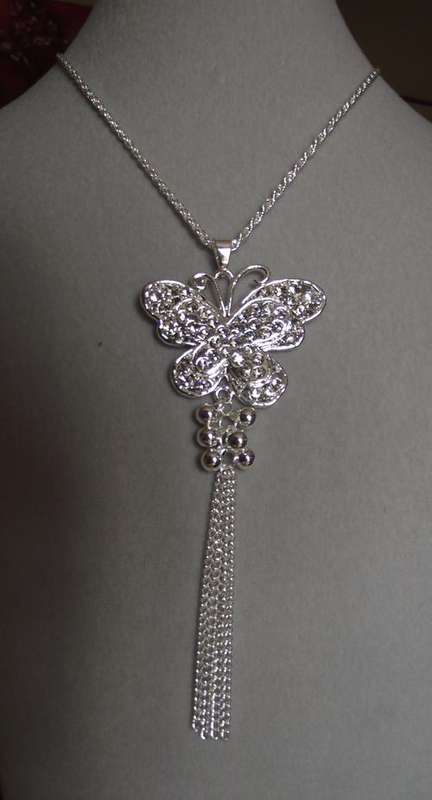 SilverTone Dangle Crystal Butterfly Pendant Necklace