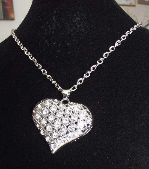 Clear Sparkly Crystal Diamante Vintage Silver Heart High Quality Necklace Pendant with Rolo Chain