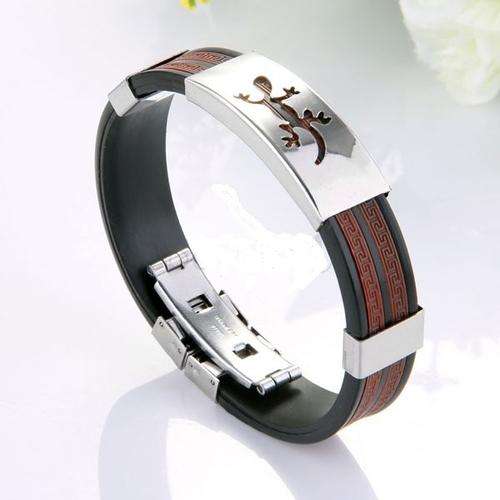 Stainless Steel BLACK Lizard Silicone Double Layer Wristband Bangle Cuff Bracelet