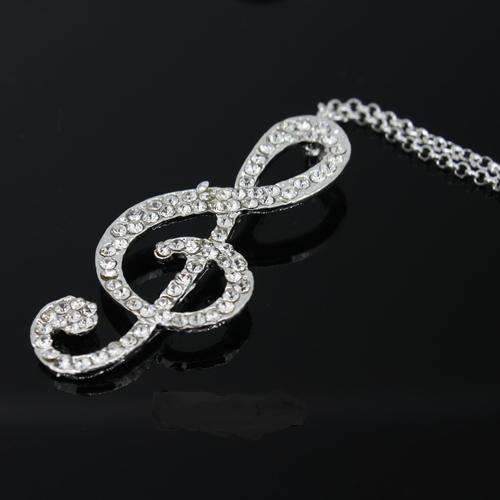 Lovely Silver Plated Crystal Music Note Long Pendant Necklace