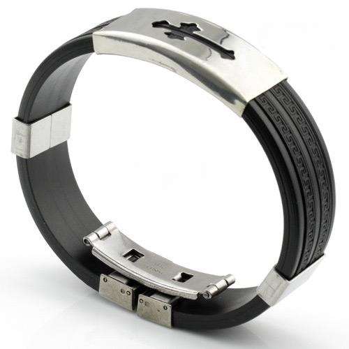 Stainless Steel BLACK Cross Silicone Double Layer Wristband Bangle Cuff Bracelet