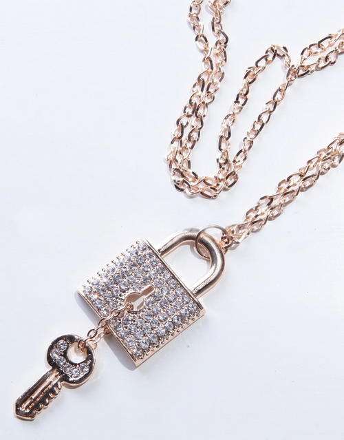Silver Long Chain Diamante Lock & Key Pendant Necklace