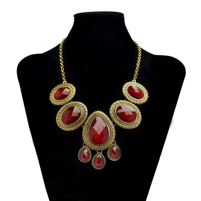 SILVER Retro RED Oval & Teardrop Resin Stones Adorned Pendant Necklace (Read item description)