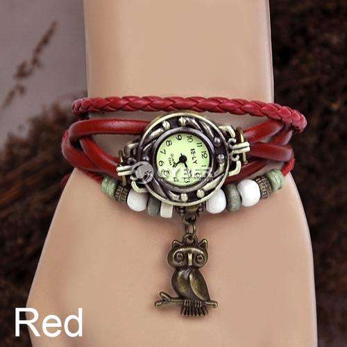 RED Round Owl Retro Women Leather Band  Quartz Bracelet  Watch