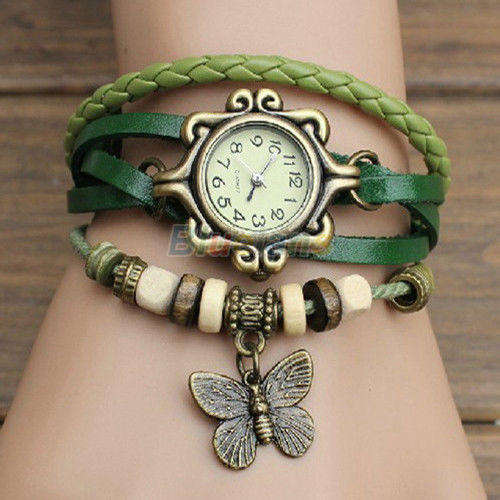 GREEN Round/Square Butterfly Retro Women Leather Band  Quartz Bracelet  Watch