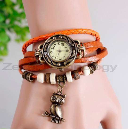 ORANGE Round Face Owl Retro Women Leather Band  Quartz Bracelet  Watch