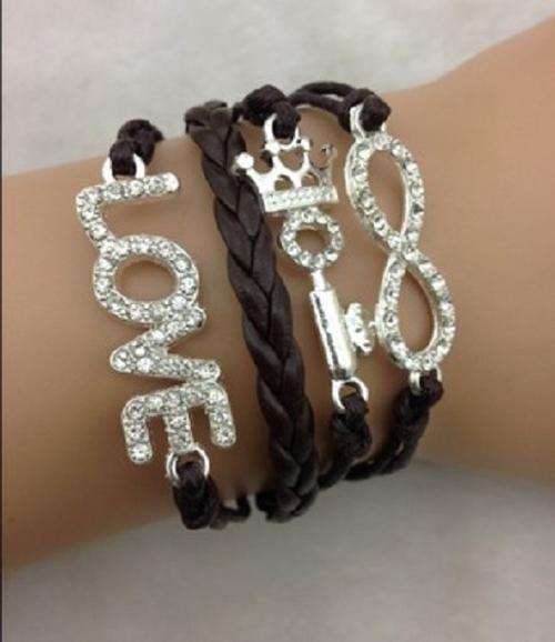 Brownish Black Infinity Crystal Love Key Crown Charm Bracelet