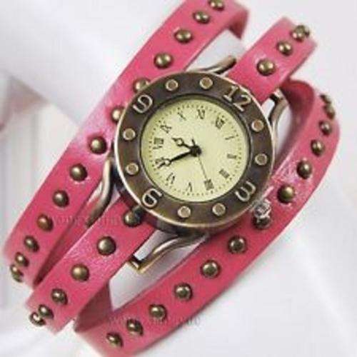 PINK Retro Women Leather Band ROUND Rivet Wrap Around Quartz Bracelet  Watch Please read description