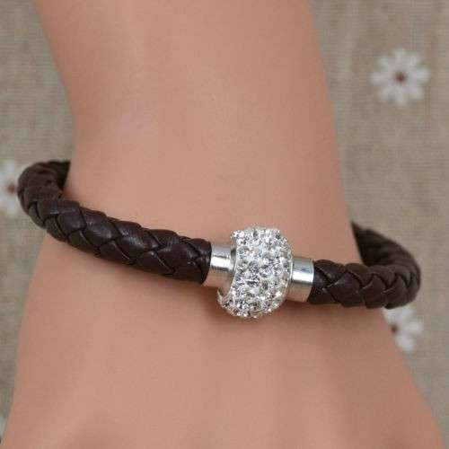 Dark Brown Leather Wrap Wristband Cuff Punk Magnetic Rhinestone Buckle Bracelet Bangle