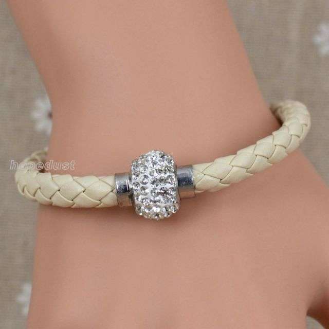 Beige Leather Wrap Wristband Cuff Punk Magnetic Rhinestone Buckle Bracelet Bangle