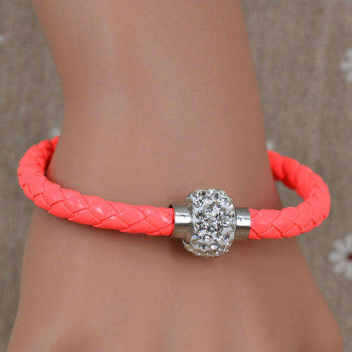 Light Orange Leather Wrap Wristband Cuff Punk Magnetic Rhinestone Buckle Bracelet Bangle