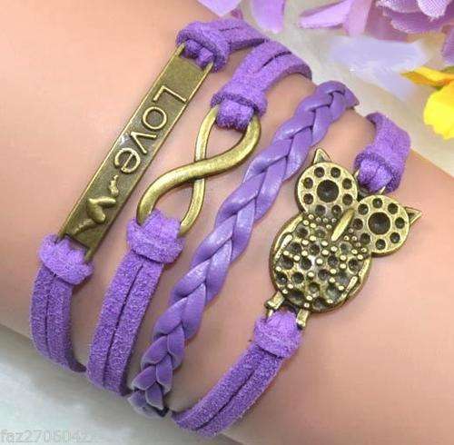Purple Owl Love Infinity leather Bracelet