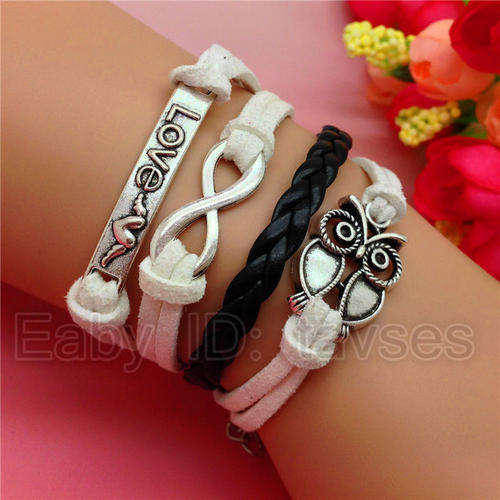 Black White Infinity LOVE OWL Leather Cute Bracelet