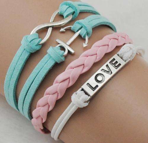Pink Blue Love Infinity leather Bracelet