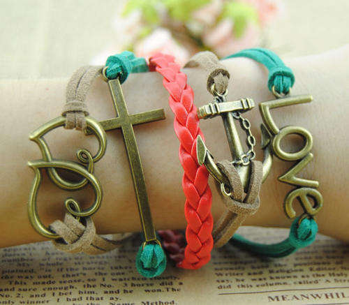 Blue Infinity Rhinestone Butterfly Leather Bracelet