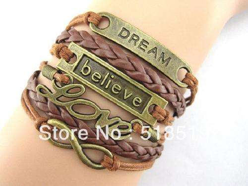 Brown Infinity Dream Believe Love Charm Bracelet