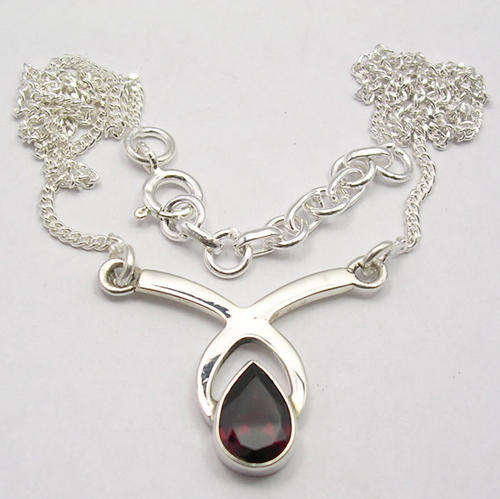 SOLID 925 Sterling Silver GARNET GEMSTONE TRENDY Pendant Necklace